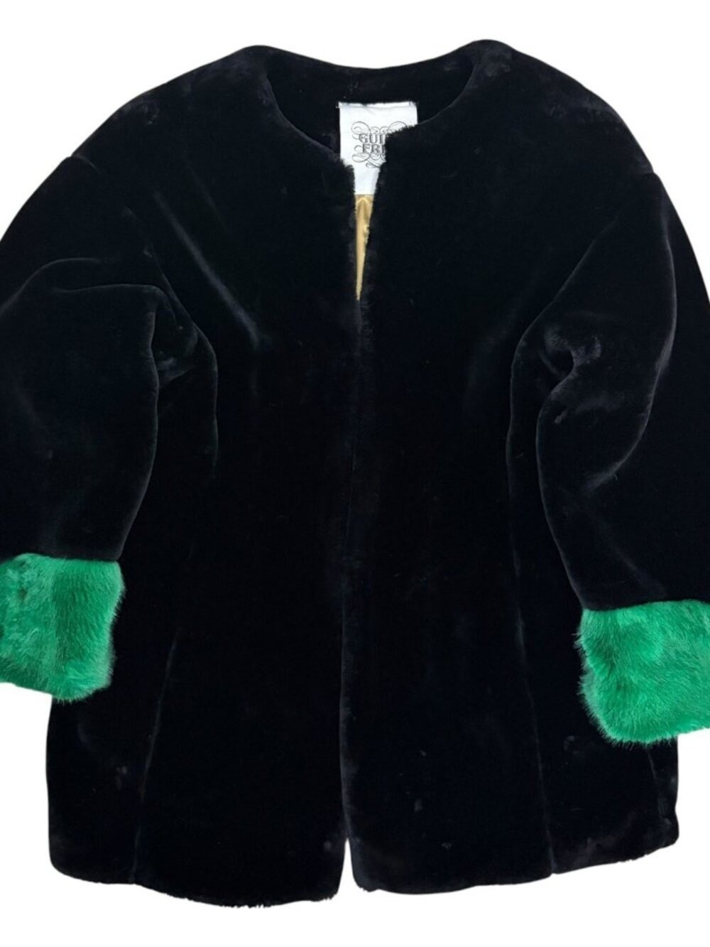 $400 GUILT FREE Faux Fur Coat Winter Glam Black Green Jacket Womens Medium